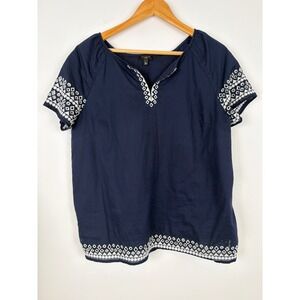 Talbots Embroidered Popover Blouse L Petite Navy 100% Cotton Eyelet Boho Coastal